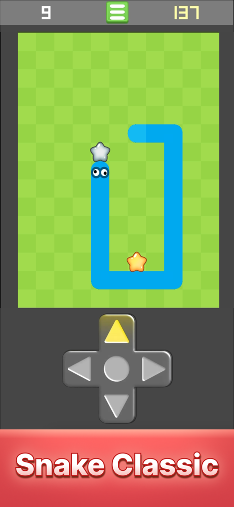 Snake Games: Arcade - Gameplay screenshot of Snake Games Arcade showing a blue snake on a green checkered board with retro d-pad controls