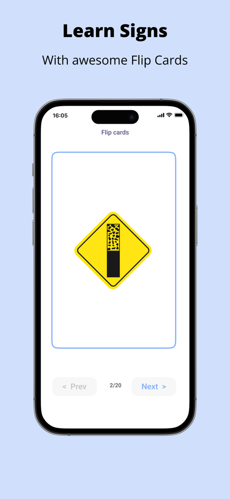 G1 Driving Test Ontario - Interfaz de la aplicación móvil G1 Driving Test Ontario para aprender señales de tránsito utilizando tarjetas.