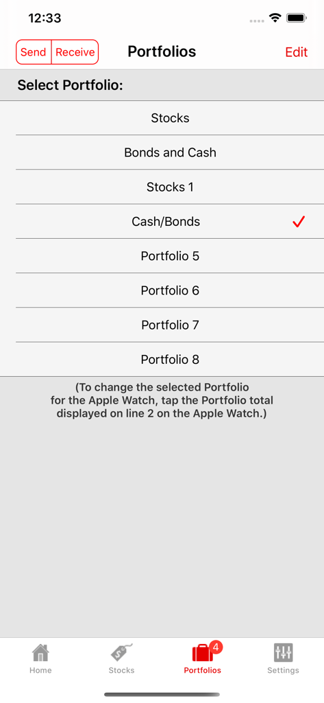 Watch My Stocks - List of eight stock and bond portfolios in the Watch My Stocks app