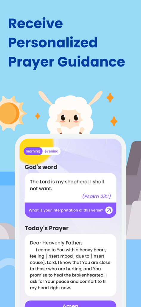 FaithTime: Devotion&Community - FaithTime app interface showing personalized prayer guidance with a cute lamb mascot and a Bible verse.