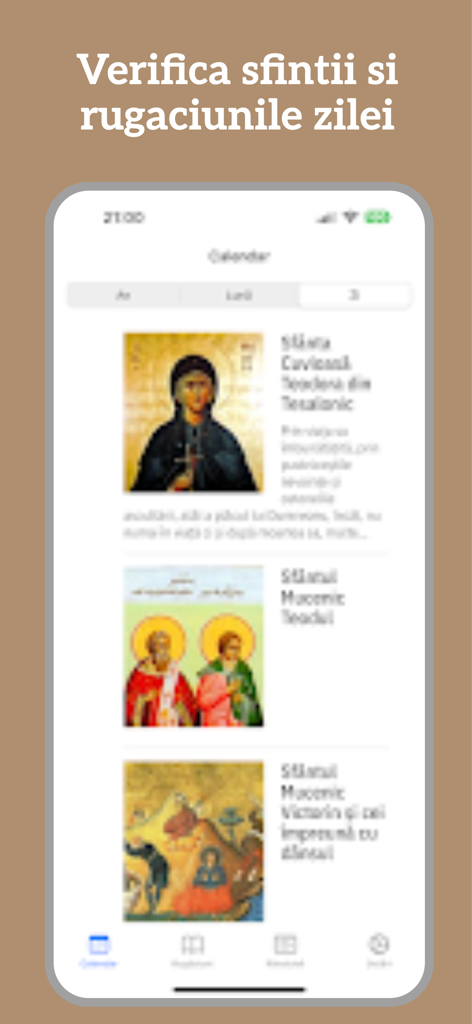 Calendar Ortodox 2026 - Interface montrant une liste de saints quotidiens et d'icônes religieuses dans l'application Calendrier Orthodoxe Roumain.