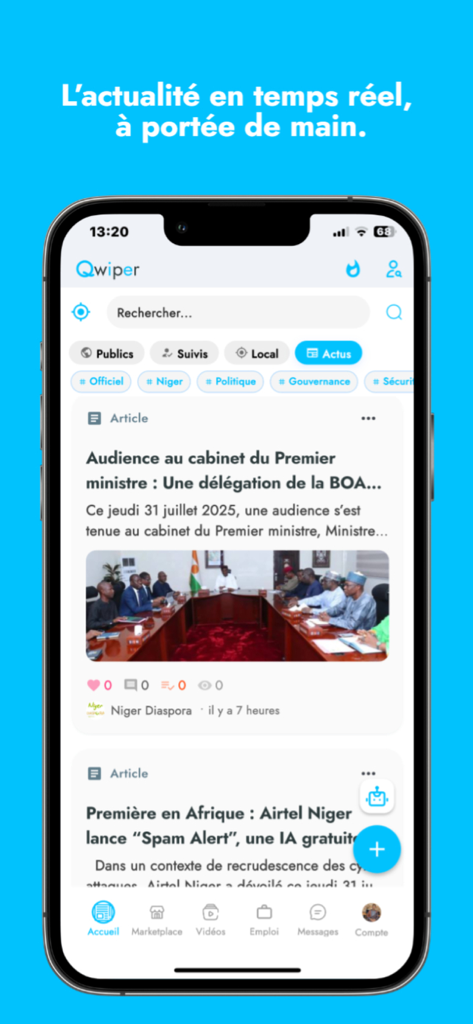 Mobile interface of Qwiper app showing real time local news articles and news categories