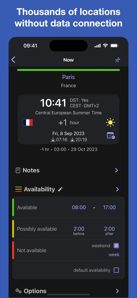 Time Intersect - World Time - Time Intersect app interface showing Paris world clock details and custom availability settings