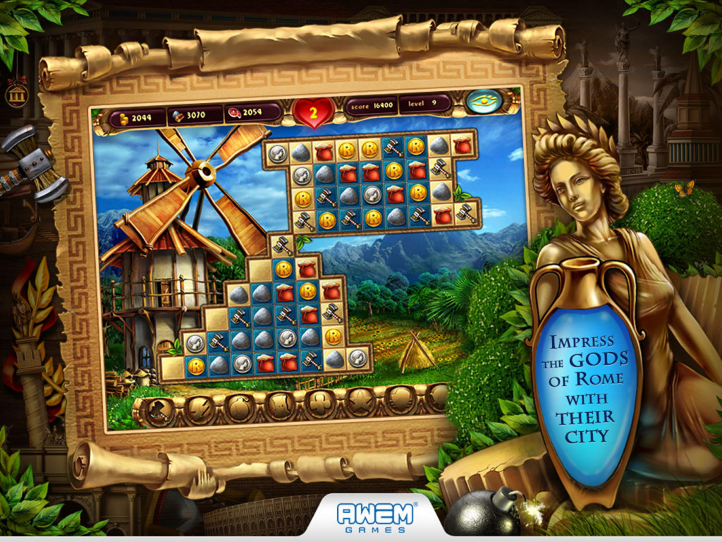 Match-3 puzzle board with ancient Roman theme and city building elements in Cradle of Rome