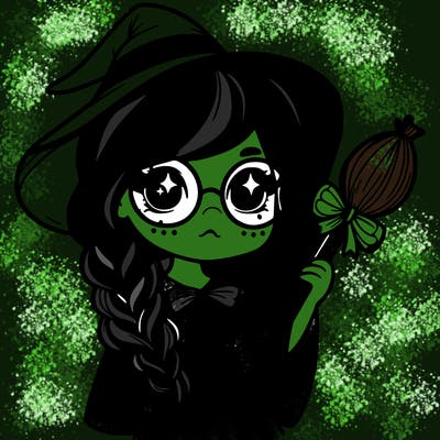 a witch with a braid and two glasses