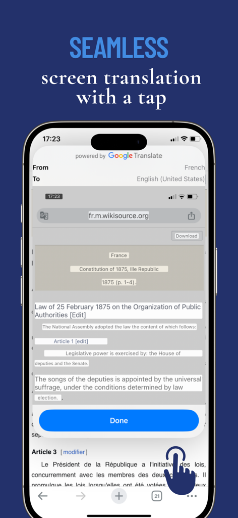 Mobile phone showing a seamless screen translation of a French website with a tap