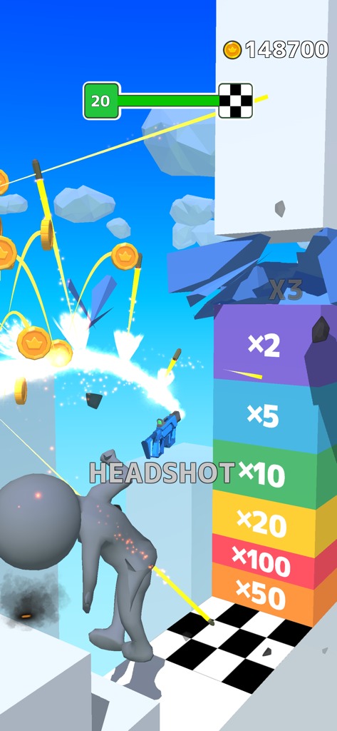 Gun Sprint - Jugabilidad de Gun Sprint con un disparo a la cabeza a un enemigo y una colorida torre multiplicadora de puntuación.