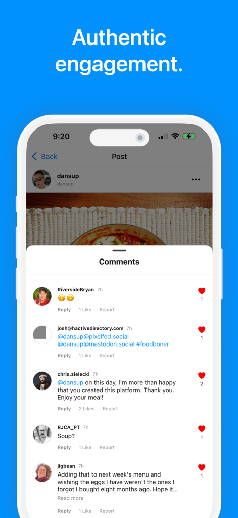 Pixelfed - Screenshot of Pixelfed app showing a chronological comment section on a photo post under the headline Authentic engagement.