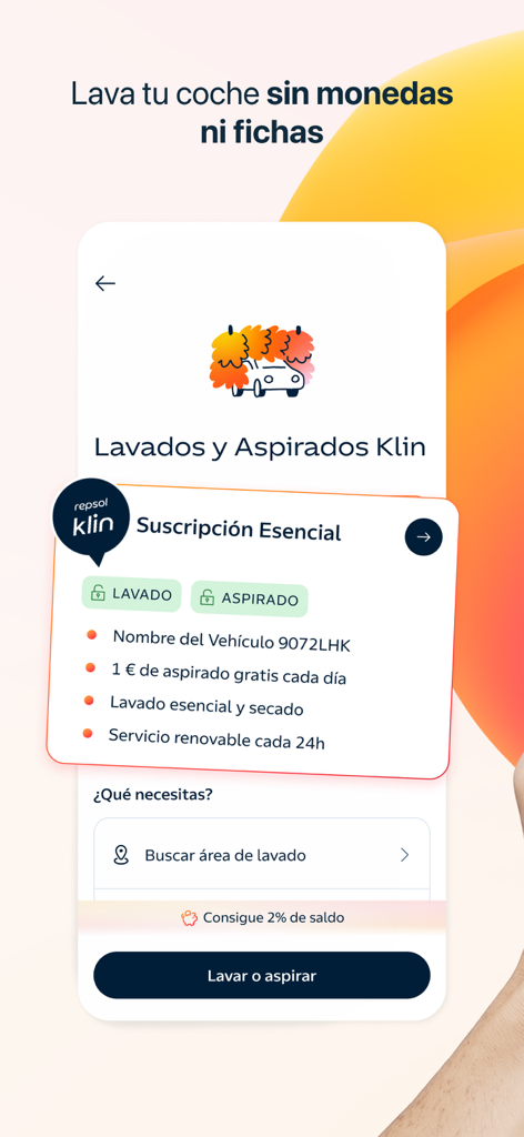 Interface do aplicativo móvel Waylet mostrando opções de assinatura de lavagem e aspiração de carros para Repsol Klin