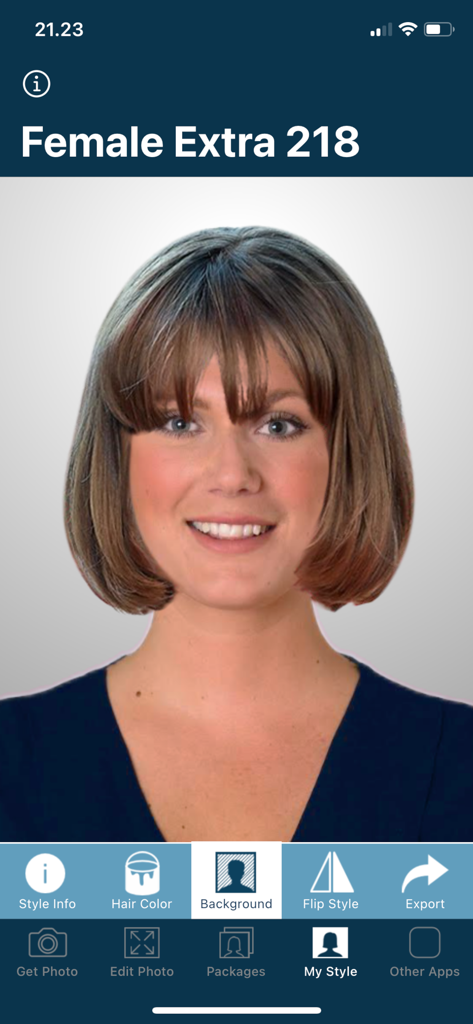 A female user previewing a short brown bob hairstyle with bangs using the virtual try-on interface.