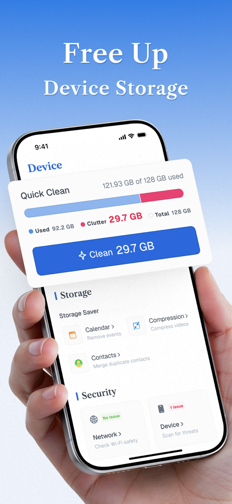 True Cleaner - Cleanup Storage - Écran d'iPhone affichant l'interface de nettoyage de stockage et de sécurité de l'appareil True Cleaner