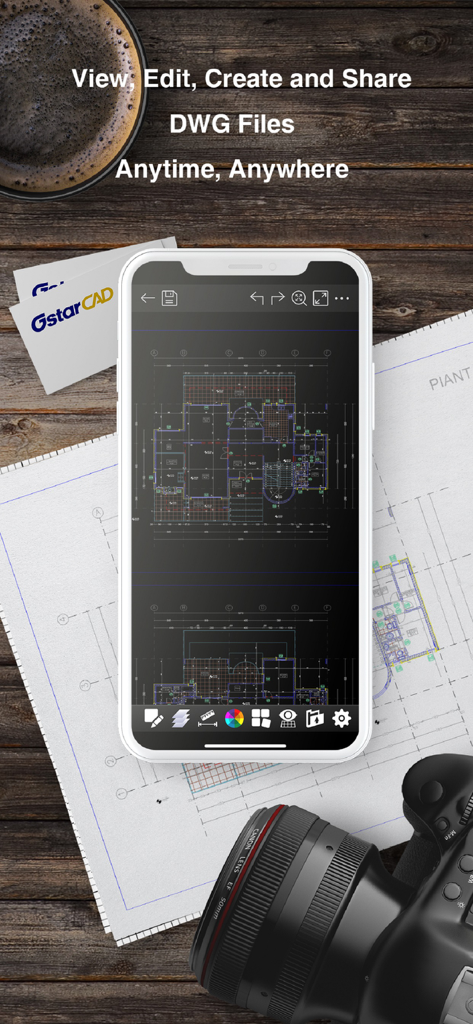 DWG FastView Pro-CAD viewer - DWG FastView Pro App zeigt einen CAD-Grundriss auf einem Smartphone-Bildschirm über technischen Bauplänen