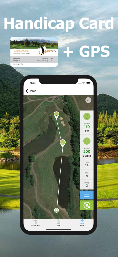 Golf Handicap - Online Golf - Golf Handicap app screen featuring an official handicap card and a GPS rangefinder mapping a golf hole with distance measurements