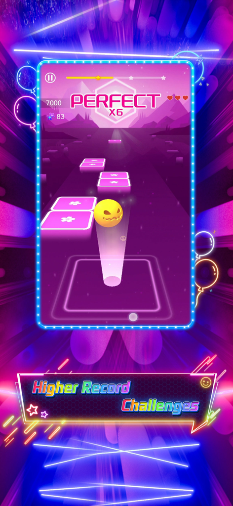 Music Hop EDM Rush - A yellow ball hopping on glowing purple tiles in a neon music rhythm game.