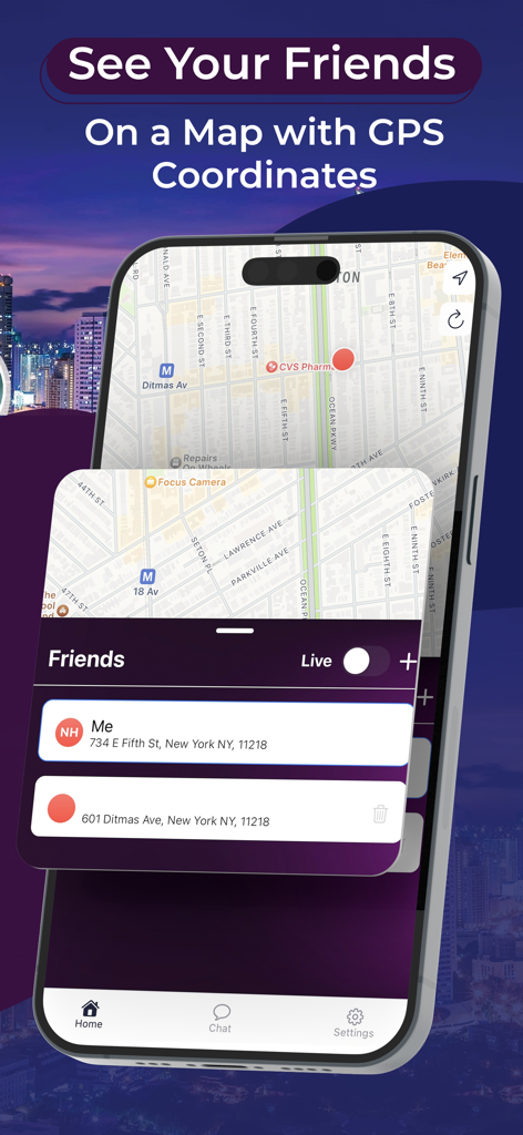 Mobile interface of the Phone tracker app showing real-time GPS coordinates and friends' locations on a map.