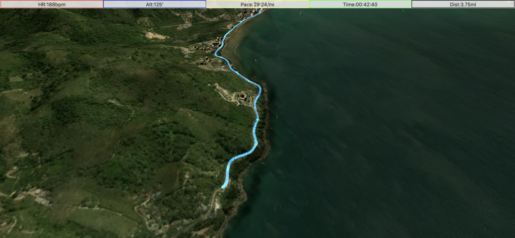3D map playback of a coastal running route in ReRun for Strava app with real time fitness stats