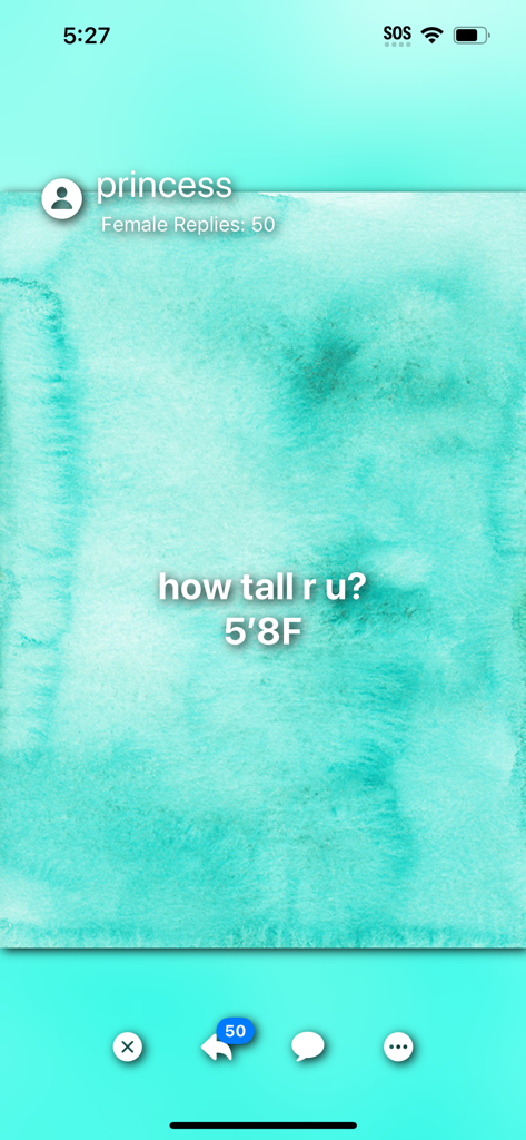 Whisper Secrets - A screenshot of the Whisper Secrets app showing an anonymous post on a teal watercolor background asking about height with fifty replies.