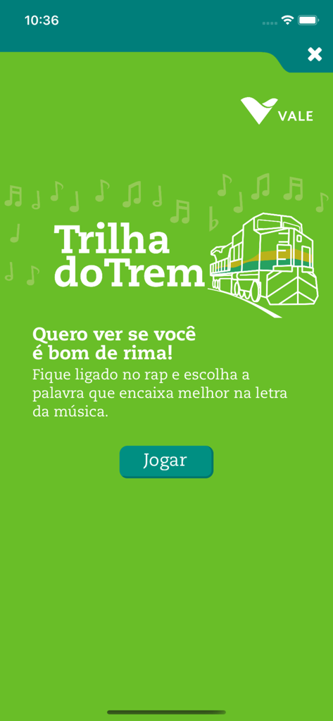 Captura de pantalla de la interfaz del juego de rimas Trilha do Trem en la aplicación de tren de pasajeros de Vale