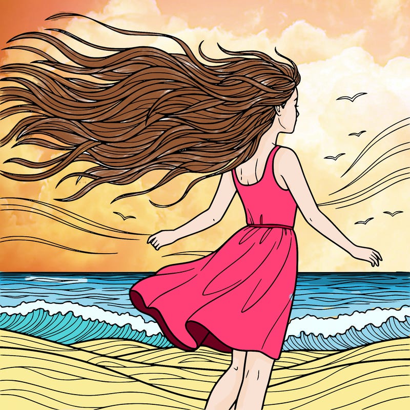 back side of a girl with her hair flowing in the wind on a beach
