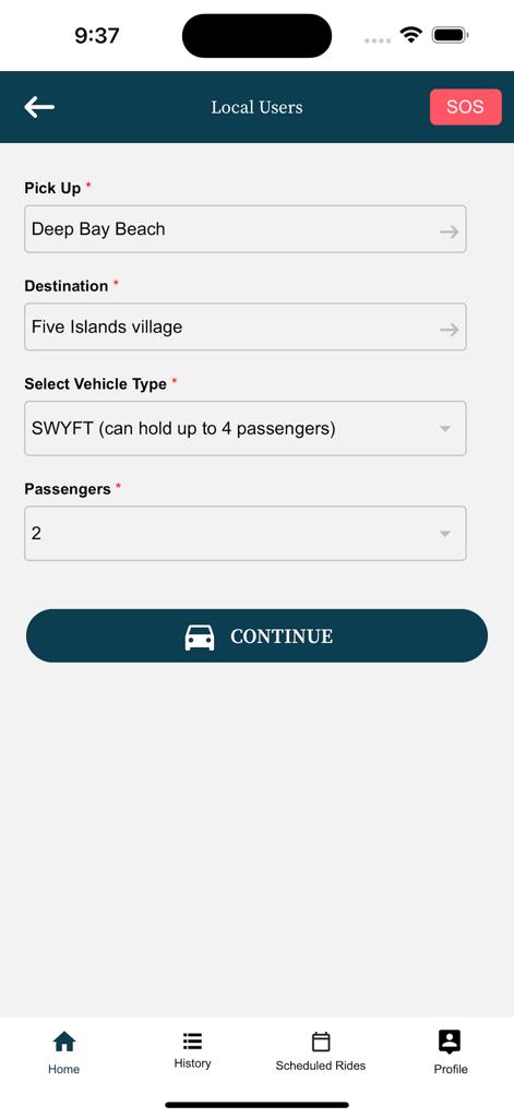 Interface of the Swyft Taxi app showing fields to select pickup location, destination, vehicle type, and passenger count for a ride in Antigua.