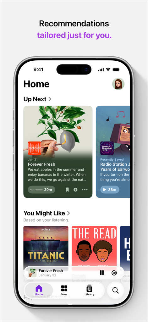 Apple Podcasts - Apple Podcasts home screen showing personalized recommendations and the Up Next queue