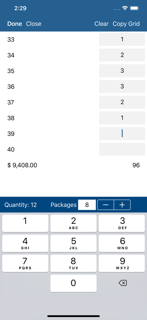 Negotti - Interface do aplicativo móvel Negotti para entrada de quantidades de produtos e números de pacotes de atacado em uma grade de pedidos de vendas