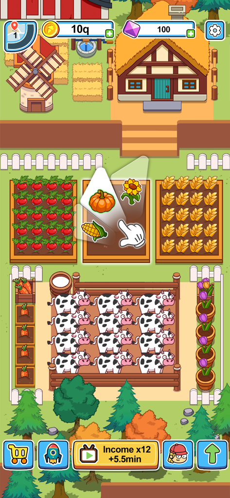 Idle Food Bar: Olivia & Oliver - A cartoon farming scene in Idle Food Bar featuring vegetable plots and a cow pen