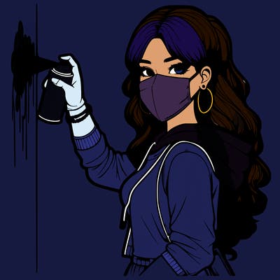 realistic girl with mask spray painting a wall