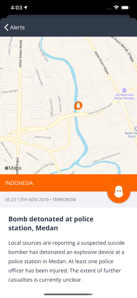Solace Secure - Screenshot of the Solace Secure app showing a geo-located terrorism alert for a bomb detonation in Medan Indonesia
