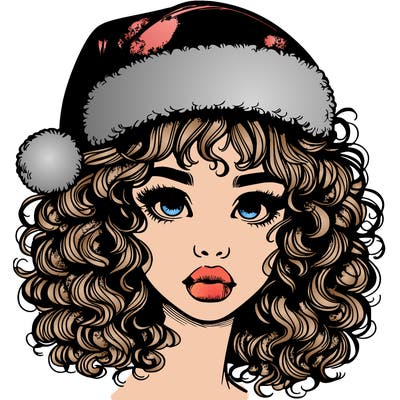 realistic girl with a santa hat curly hair and lips