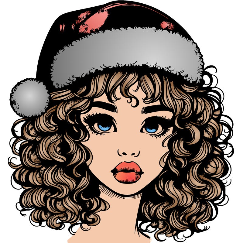 realistic girl with a santa hat curly hair and lips