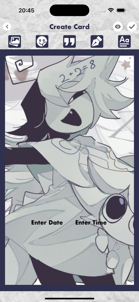 FPE OC Maker - FPE Stickers - The card creation interface in the FPE OC Maker app featuring an original character design