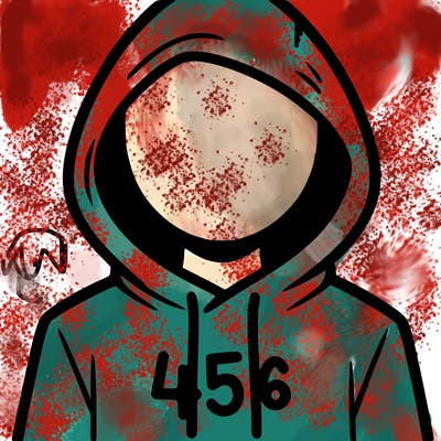 a person with non face waering a hoodie with a 456 symbol