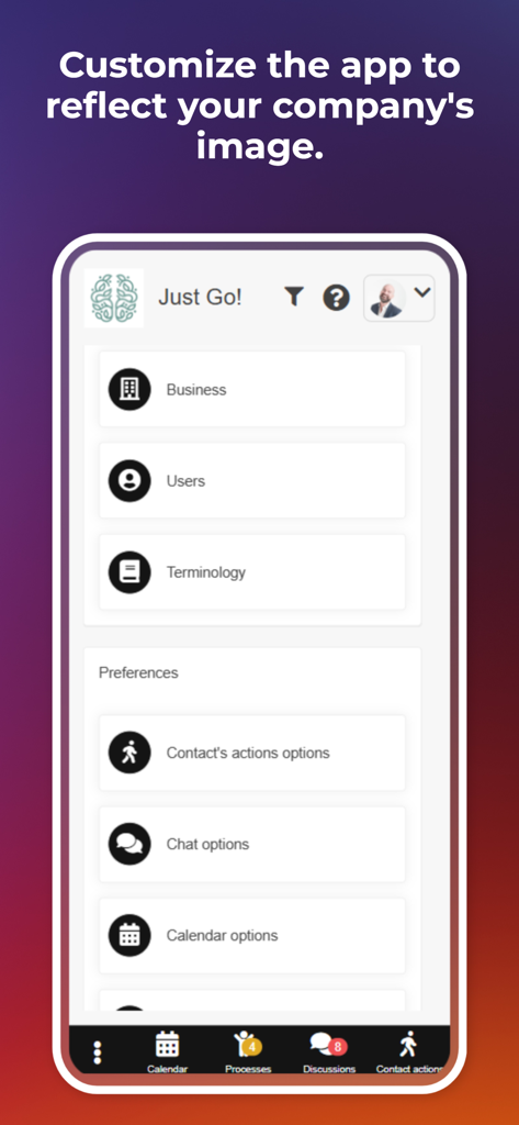 Cognito App customization screen to reflect company branding and manage business settings