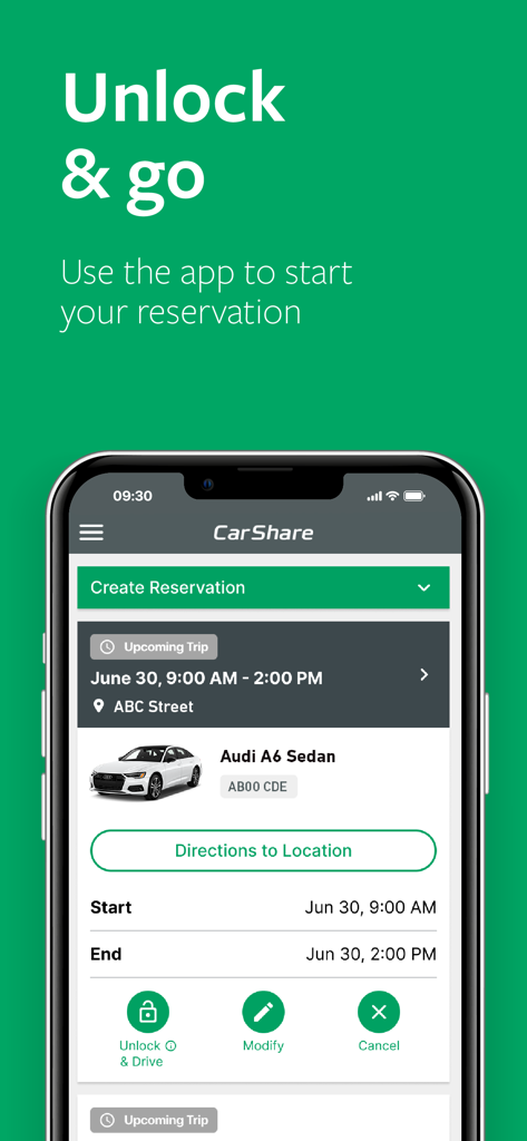 Enterprise CarShare app screen showing an upcoming reservation for an Audi A6 sedan with a button to unlock and drive