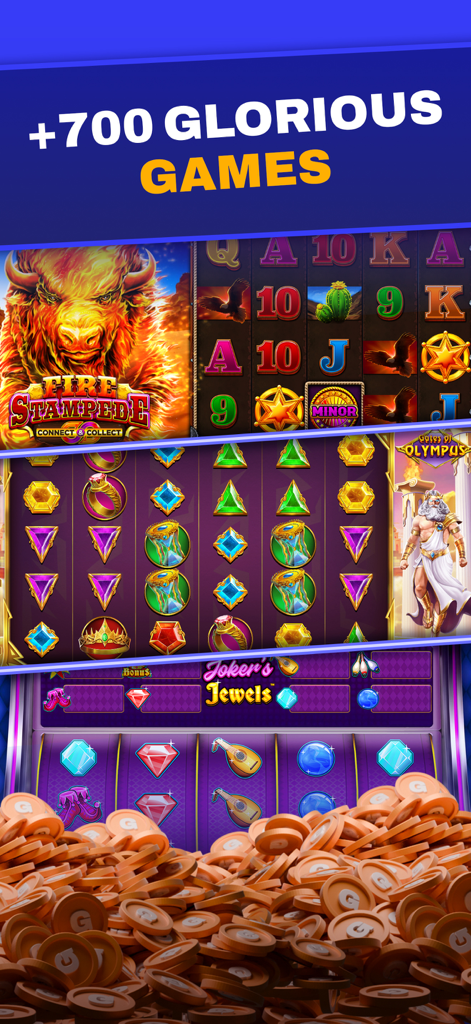 Captura de pantalla de la aplicación móvil de RealPrize Casino con una colección de más de 700 juegos de tragaperras y monedas de oro