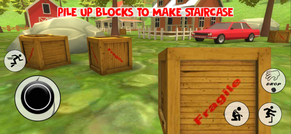 Bad Granny Chapter 3 - Ego-Gameplay-Bildschirm von Bad Granny Chapter 3, der Holzkisten und Anweisungen zum Stapeln von Blöcken zur Bildung einer Treppe zeigt.