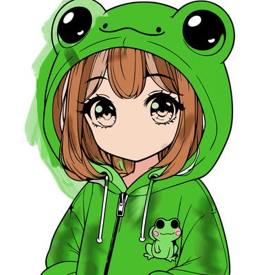 cute realistic girl in a froggy hoodie