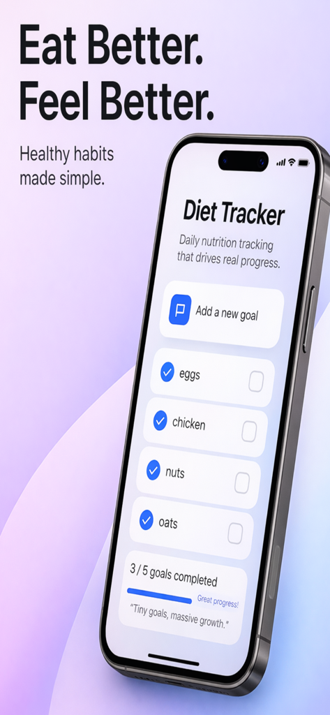 75 Soft Challenge Tracker App - Smartphone displaying the Diet Tracker screen of the 75 Soft Challenge app with a daily food checklist and progress bar.