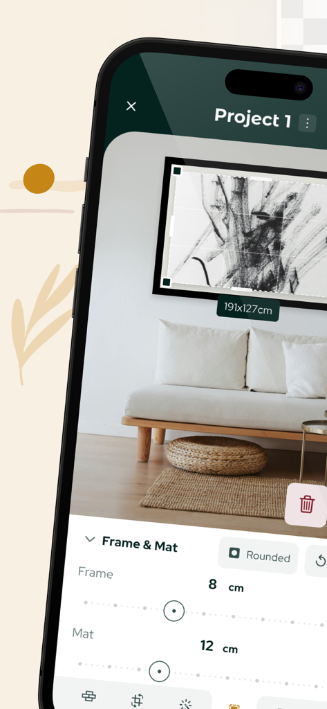 WallPictureApp: Show Anything - Interfaz de WallPictureApp que muestra la personalización del marco y el paspartú para una maqueta de obra de arte en un entorno de salón