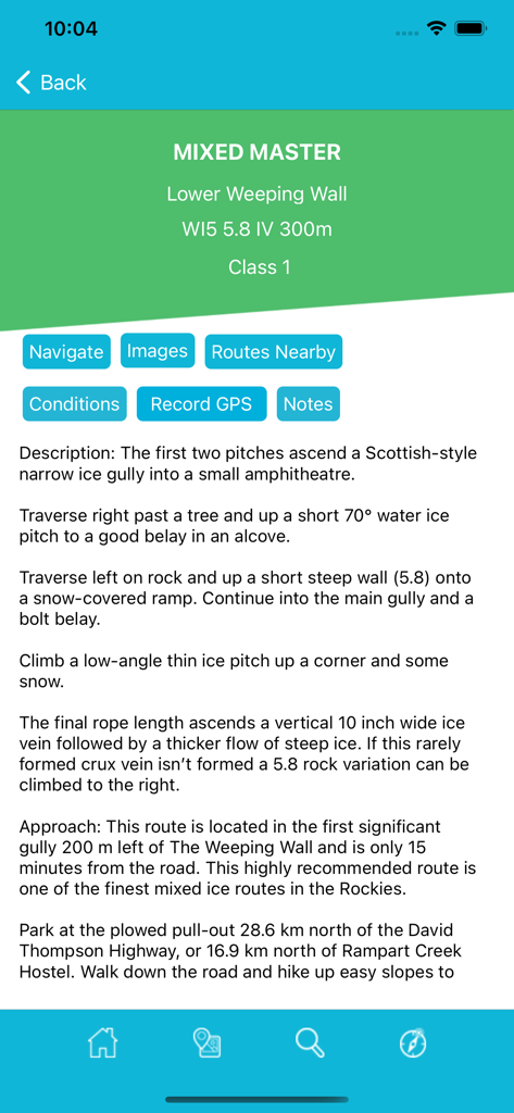 Ice and Mixed: Western Canada - A mobile app screen showing detailed climbing information for the Mixed Master route including pitch descriptions and approach instructions.