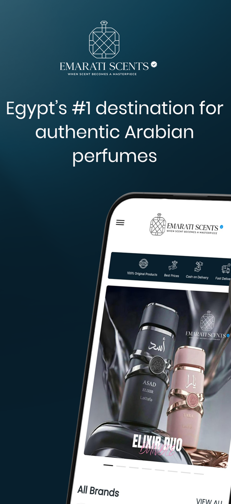 Emarati Scents mobile app interface showing authentic Arabian perfumes and brand collections
