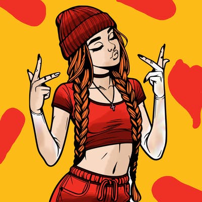 realistic teenage girl with braids and a beanie and crop top doing 🫶🏼