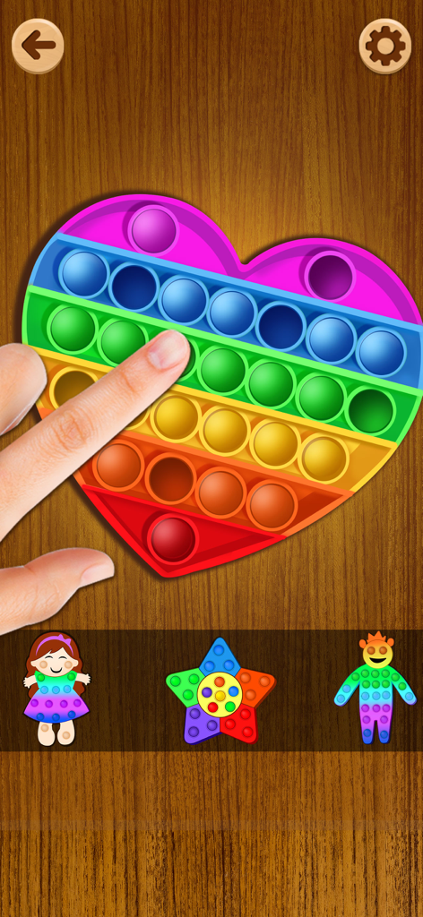 Tidy Fidget ASMR: Antistress - Una persona presionando burbujas en un juguete digital pop-it con forma de corazón arcoíris para aliviar el estrés