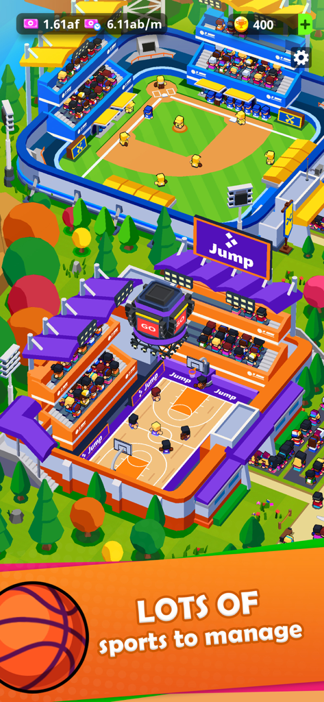 Overview of basketball and baseball stadiums in the Sports City Tycoon mobile game