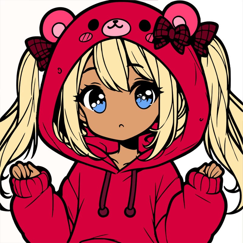 cute anime girl with ponytails and a cute bear hoodie