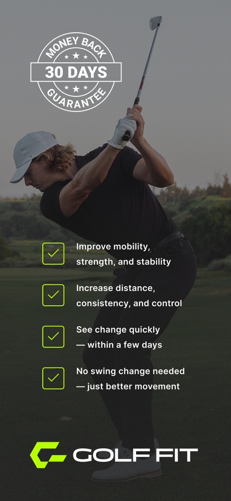 Golf Fit - Golf Fit app features showing mobility and distance benefits for golfers