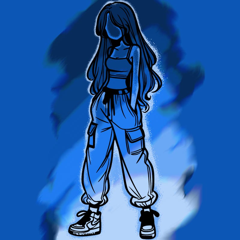 girl in baggy pants crop top and long hair