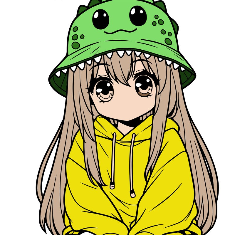 girl with anime shaped eyes with a dinosaur bucket hat oversized sweatshirt long straight hair