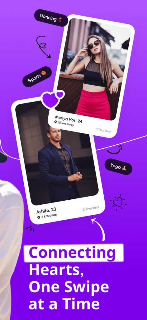 InMessage : Nearby Dating - Two dating profile cards with photos and interest tags like dancing and sports on a purple background